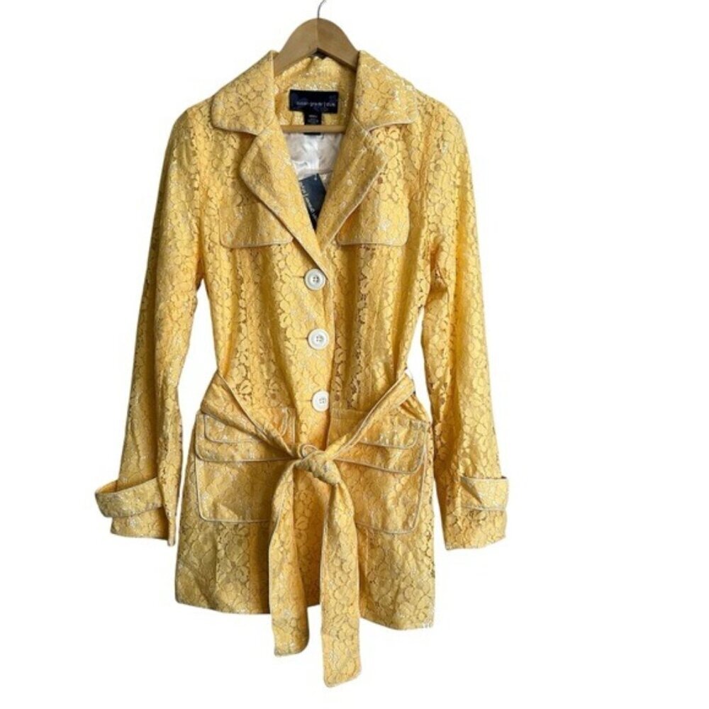 Susan Graver Style Yellow Lace Button-Up Belted Jacket – Chic, Swiftie Sz Small